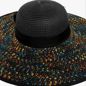 Beloved Millnery Black Multicolor Gorgeous Wide Brim Woven Straw Sun Hat NWT